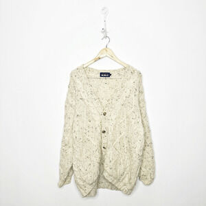 MCNEAL Cardigan Mens L Hand Knit Wool Cable Fisherman Button Front Cream